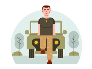 Soldier stood in front Jeep army car. Army vector illustration.