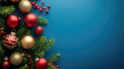 Naklejka premium Christmas tree decorations on blue backdrop