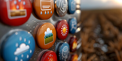 Global Warming Concept with digital icons like water, farm, land, weather, sun, rain, fire, dryness