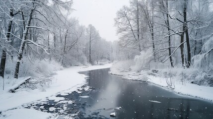 Frozen river cutting through a snowy forest, thick snow covering the ground and branches, peaceful winter day