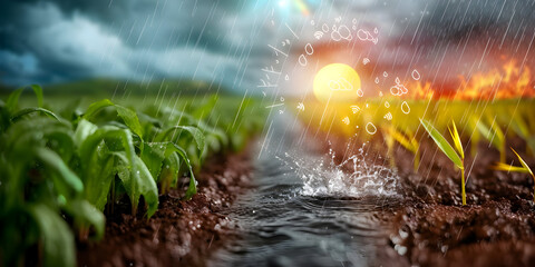 Global Warming Concept with digital icons like water, farm, land, weather, sun, rain, fire, dryness