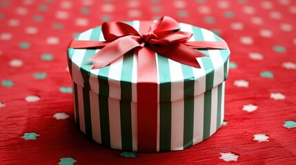 Obraz premium Create an image of a gift box on the center, with ribbons and bows around it. The background is festive red, 
