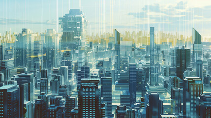 Obraz premium A cityscape with tall buildings and a large skyscraper. The sky is blue and the city is lit up at night