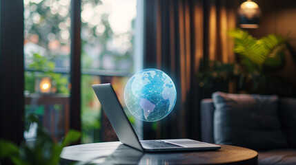  digital data globe floating over a laptop on the table, futuristic internet technology worldwide network connectivity 
