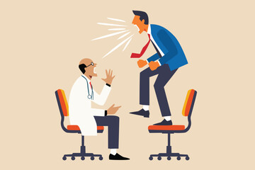 anger management, bad angry concept. furious business man shouting at doctor. medicine, drug. mental illness therapy. hospital clinic. minimal cartoon vector illustration 
