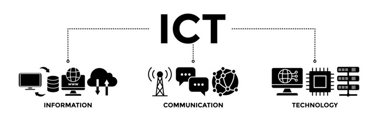 ICT banner icons set for information and communications technology with glyph style icon of antenna, radio, network, website, database, cloud, server, data, electronic, and processor	