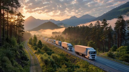 Trucks Driving Through a Mountain Pass at Sunrise