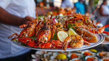 A vendor proudly presents a plate of mouthwatering seafood dishes freshly caught and prepared for the celebration.