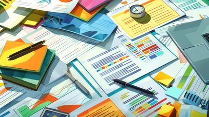 Financial Planning Essentials: Colorful Tools and Documents on Table in Modern Office Setting