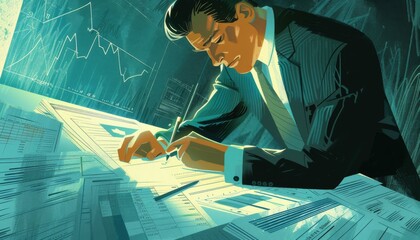 Modern Businessman Analyzing Financial Plans on Digital Tablet in Professional Office Setting