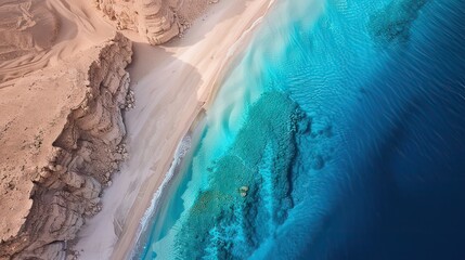 Aerial View of Pristine Beach with Turquoise Waters and Rugged Cliffs