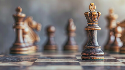 Fototapeta premium vintage chess Pieces on chess board against blurred concreate wall background with copy space.
