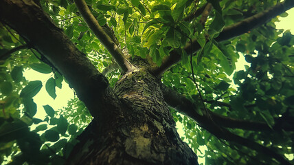 Fototapeta premium Looking Up at Tree Canopy with Sunlight 