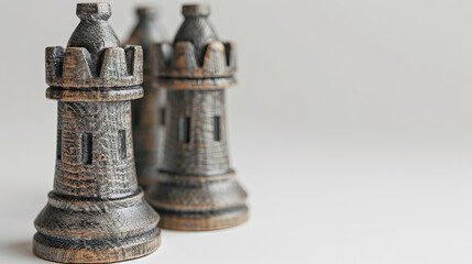 the rook’s castle tower chess pieces on plain light background with copy space.