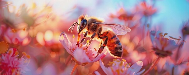 Fototapeta premium Close-up of a honey bee perched on a colorful flower, basking in soft sunlight. The vibrant hues and delicate details showcase nature's beauty.