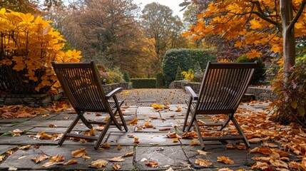 Autumn back garden scene with two aged deck chairs on a stone patio, surrounded by golden leaves