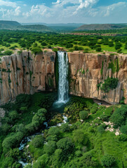 Fototapeta premium Majestic Waterfall Cascading Down Rocky Cliffs into Lush Green Valley, Scenic Nature Landscape with Verdant Foilage, Remote Gorge, Pristine Wilderness, Tranquil Hidden Gem Outdoor Adventure
