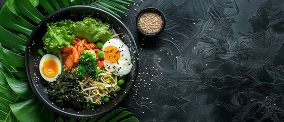 Main meal: Egg and vegetable salad Healthy place on a black background with free space.