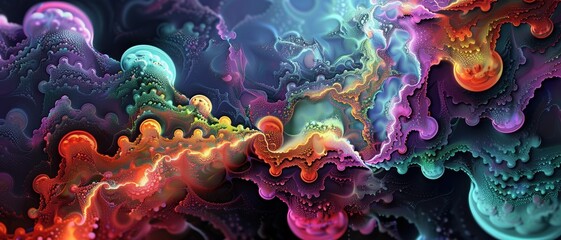 Abstract digital art with intricate fractal patterns, vibrant colors, and depth,
