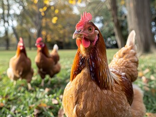 A curious hen with other chickens in the distance in a grassy yard.