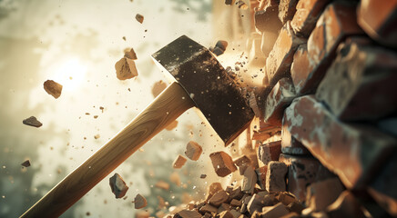 a person breaking through a brick wall with a sledgehammer, overcoming obstacles concept