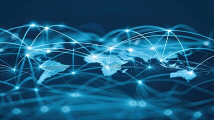 Global business network with world map and connecting flight paths