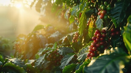 Coffee beans being picked from bushes on a misty morning,