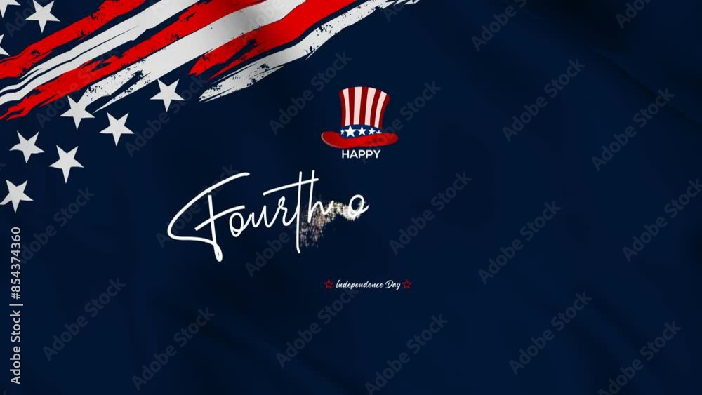 Sticker 4th of July Independence Day Animation Text with dust sprinkle particle effect on on American waving flag . Animated 4th of July Independence Day Handwritten , 4K Footage video.