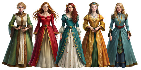 Obraz premium Collection set of 5 medieval ladies in chic dresses Isolated on a transparent background.