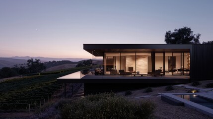 A large black house with a pool and a patio