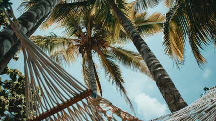 Fototapeta premium Hammock swinging under shady palm trees --chaos 10 --ar 16:9 Job ID: efde9d1b-dc00-4bf1-a722-647c294c0279