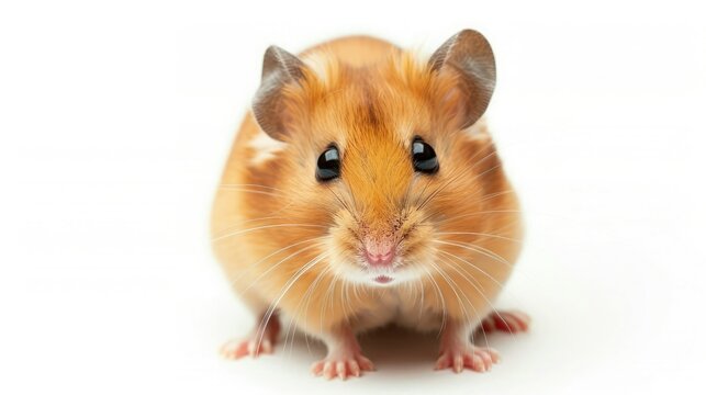 Close-up of an adorable golden hamster sitting on white background, showcasing its charming face and curious expression.