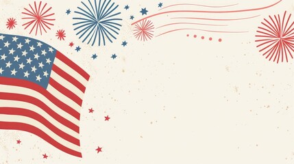 Fototapeta premium Minimalist Fourth of July celebration with American flag and fireworks. 