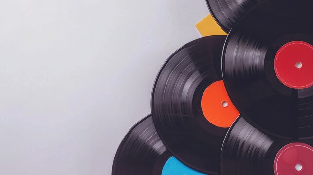 Stack of colorful vinyl records against a gray background, showcasing vibrant music nostalgia and retro vibes.