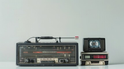 Fototapeta premium Vintage radio and retro television camera on a minimalist background, highlighting nostalgic technology and classic design elements.