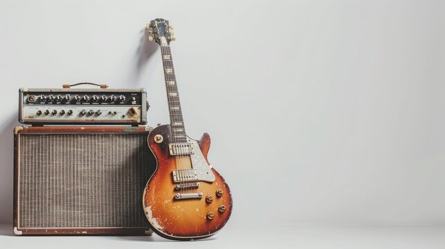 Vintage electric guitar leaning against a classic amplifier, perfect for music enthusiasts, musicians, and vintage instrument collectors.