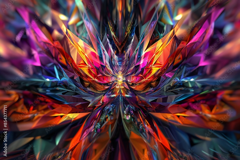 Poster 3d rendering of an abstract fractal shape with sharp edges and bright colors , generated by ai