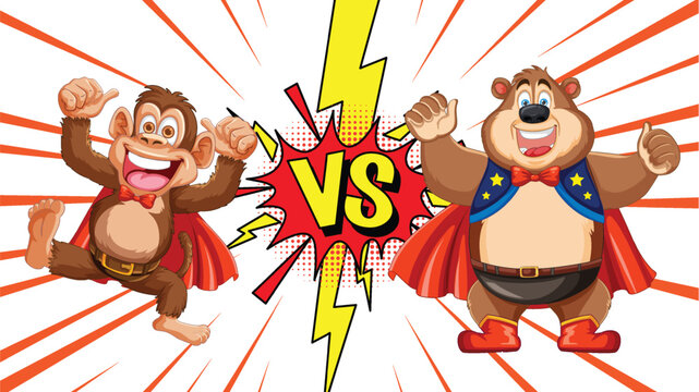 Cartoon monkey and bear in superhero costumes