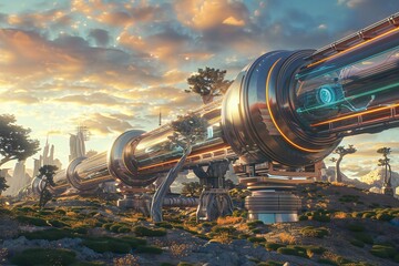 3D scene of a hyperloop train speeding through a futuristic landscape , generated by ai