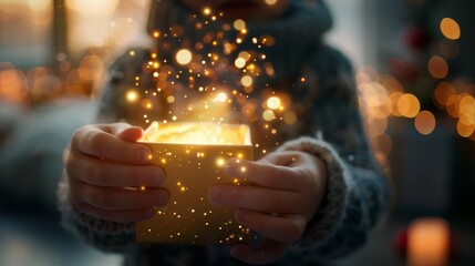 Close up of hands holding a glowing box with magical sparkling light.