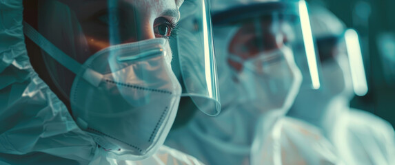 Close up of doctors wearing protective gear in an operating room