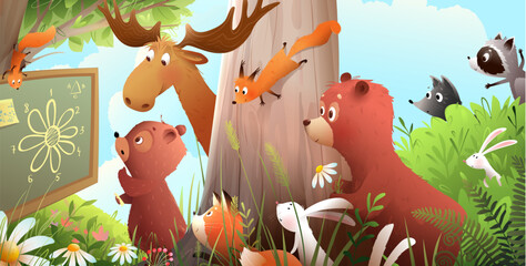 Cute kids animals in forest school lesson under big tree, bear at blackboard. Bear, moose, squirrel, fox and bunnies studying math. Vector cartoon for children preschool, elementary education. © Popmarleo
