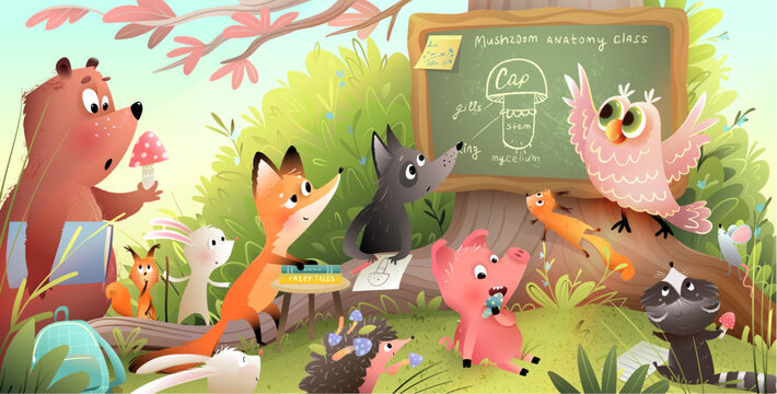 Cute kids illustration with animals in a forest school classroom lesson, blackboard on a big tree. Owl teacher, fox, rabbit, bear students. Vector cartoon for children preschool, elementary education.