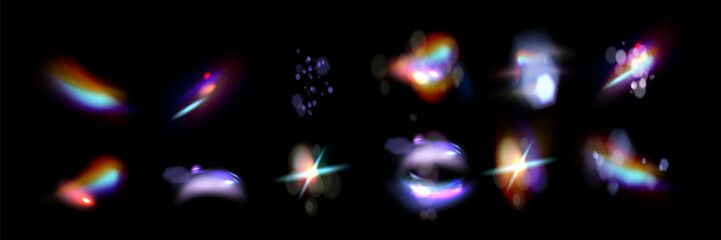 Iridescent crystal leak glare reflection effect. Optical rainbow lights, glare, leak, streak overlay. falling confetti. Vector colorful vector lenses and light flares with transparent effects.