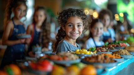 smiling children at the school lunch line, holding their plates filled with healthy food like vegetables and fruits, in an indoor setting, blurry background showing other students 