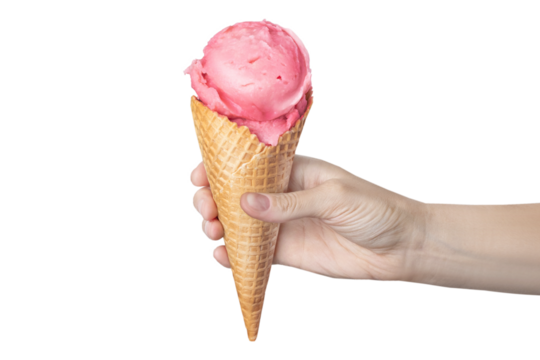 Woman's hand holding waffle cone with strawberry ice cream isolated on white or transparent background food png
