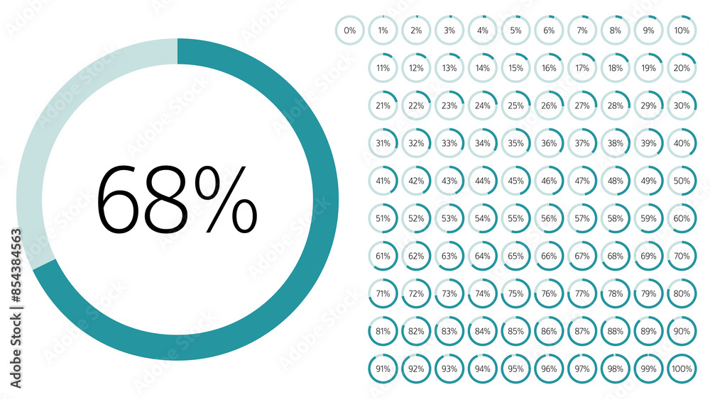 Poster Set of circle percentage diagrams from 0 to 100 for Web Design, User Interface UI UX or Infographic. Loading indicator Colorful Progress from Blue to Dark Blue on White Background. Circle icons set.