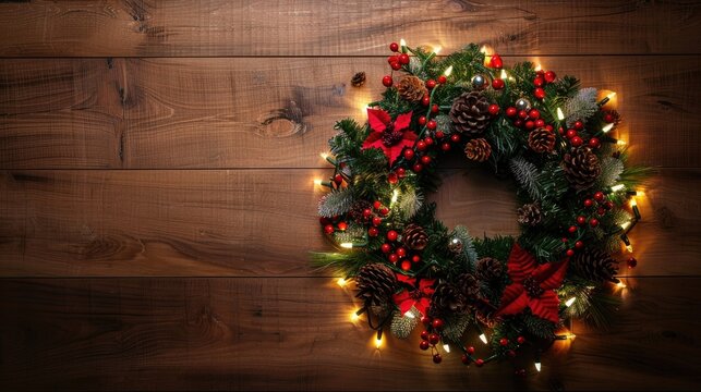 Christmas wreath on illuminated wooden table surface