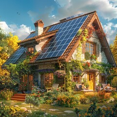 Fototapeta premium Solar Panels: A cozy house with solar panels on the roof, bathed in warm sunlight, with happy people relaxing inside. Emphasize the connection between the panels and the powered home.