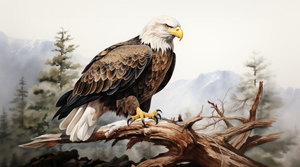 Watercolor illustration of a bald eagle perched on a branch with misty mountains in the background.